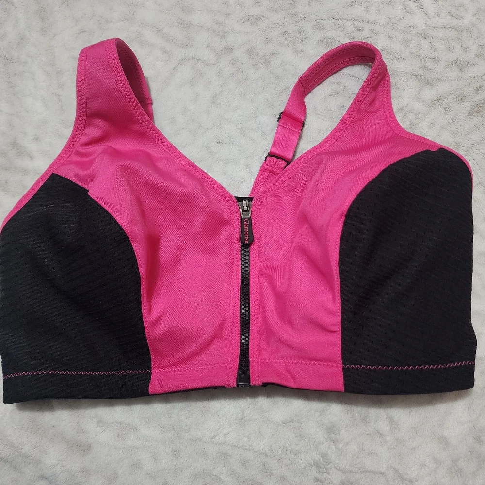 Glamorise Pink and Black Women's High-Impact Sport Bra Size 38G 1266